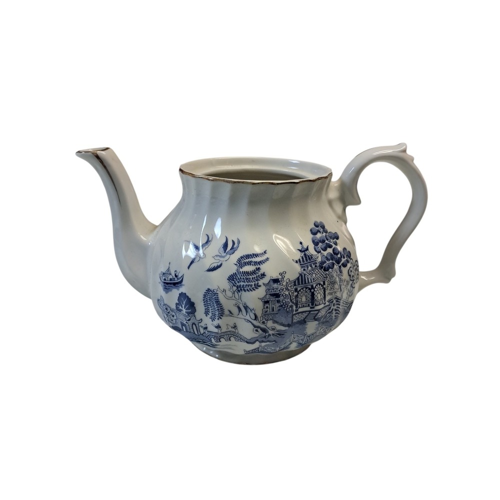 Robinson Design Group Small White Blue Work Gold Trim Teapot  Tea Missing Top‎